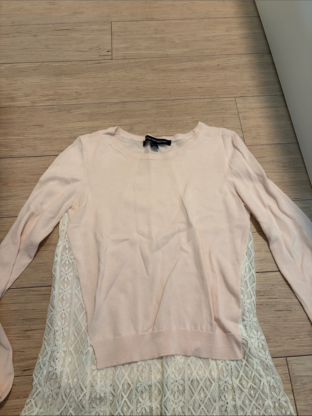 French Connection Pale Pink Crewneck Sweater with Lace Detail